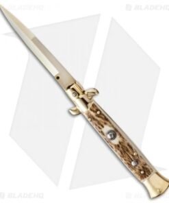 Frank B 9" Italian Stiletto Automatic Knife Stag Horn (4" Gold Bayonet)