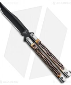 Bear Butterfly Knife w/ Genuine Stag Handle (4" Black Plain ) 517