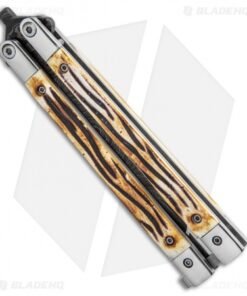 Alternative view of Bear Butterfly Knife w Stag Handle Damascus Blade (4" Plain) 517D