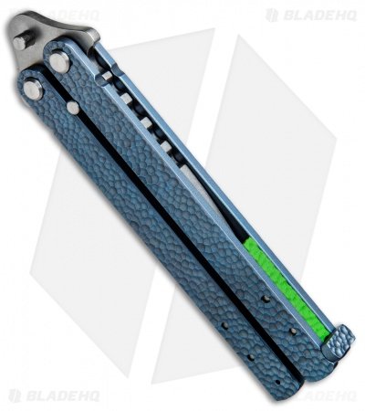 Groniger Knives Custom Balisong Knife Blue Sculpt Ti w/ Green Spacers (4" SW) - Image 2