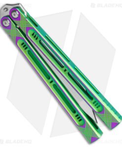Alternative view of Heibel Knives Menace Balisong Knife Green/Purple Titanium (4.6" Satin) #085
