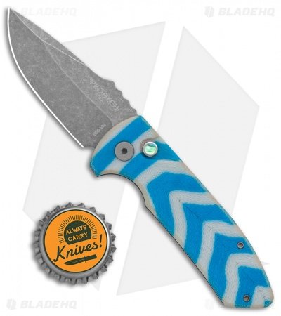 Pro-Tech Custom SBR Automatic Unique Micarta Blue Chevron (2.6" Acid Wash) - Image 4