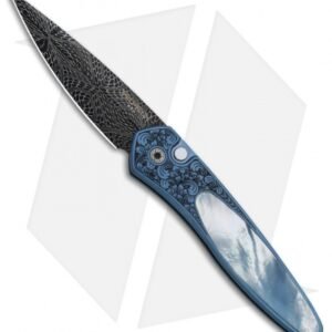 Pro-Tech Ultimate Custom Newport Knife Blue Ti w/ Gold Lip Pearl (3" Damascus)