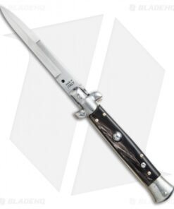SKM 9" Italian Stiletto Automatic Knife Dark Horn (4" Satin Bayonet)