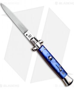 SKM 9" Italian Stiletto Automatic Knife Blue Acrylic (4" Satin Flat)