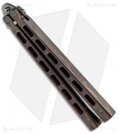 Snody Knives Custom Highroller Balisong Butterfly Knife Battle Bronze (5" Satin) - Image 3