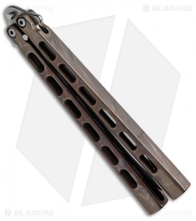 Snody Knives Custom Highroller Balisong Butterfly Knife Battle Bronze (5" Satin) - Image 2