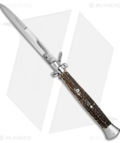 AGA Campolin 18" Ring Pull Automatic Italian Stiletto Stag Horn (8" Satin Bayo)