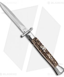 AKC Swinguard 9" Automatic Italian Stiletto Stag Horn (4" Satin Dagger)