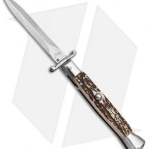 AKC Swinguard 9" Automatic Italian Stiletto Stag Horn (4" Satin Dagger)