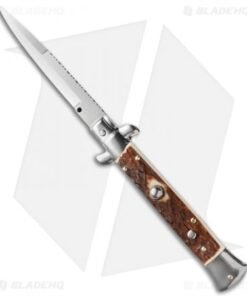 Frank B 9" Italian Stiletto Automatic Knife Stag w/ Filework (4" Polish Bayo)
