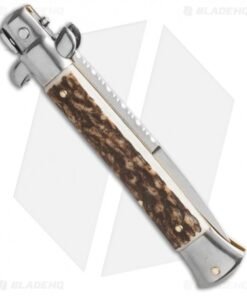 Alternative view of Frank B 9" Italian Stiletto Automatic Knife Stag w/ Filework (4" Polish Bayo)
