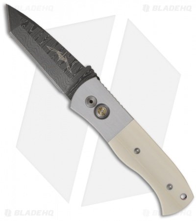 Custom Pro-Tech Emerson CQC-7 Automatic Knife w/ Ivory Inlays (3.25" Damascus)