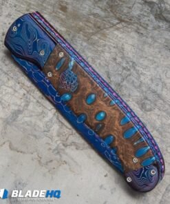 Alternative view of Rainy Vallotton Custom Titan Automatic Knife Blue Resin Burl (4" Damascus)