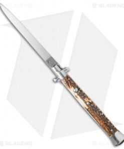 SKM 13" Italian Stiletto Automatic Knife Stag Horn (5.7" Satin Flat)