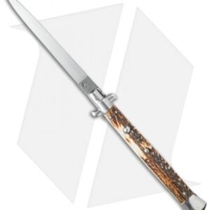 SKM 13" Italian Stiletto Automatic Knife Stag Horn (5.7" Satin Flat)