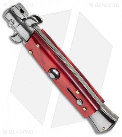 SKM 8" Italian Stiletto Automatic Knife Red Pearlex (3.3" Satin Bayonet) - Image 3