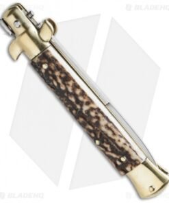 Alternative view of SKM 9" Italian Stiletto Automatic Knife Brass/Stag Horn (4" Bayonet)