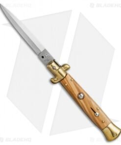 SKM AB 9" Italian Stiletto Automatic Knife Brass/Olive Wood (4" Satin Dagger)