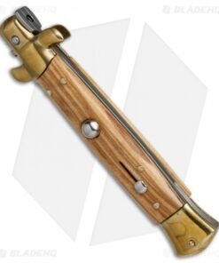 Alternative view of SKM AB 9" Italian Stiletto Automatic Knife Brass/Olive Wood (3.8" Satin Kriss)