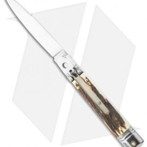 SKM 7.75" Slimline Lever Lock Automatic Knife Stag Horn (3.2" Satin Flat)
