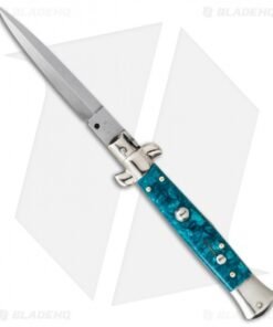 SKM AB 9" Italian Stiletto Automatic Knife Turquoise Acrylic (3.8" Satin Dagger)